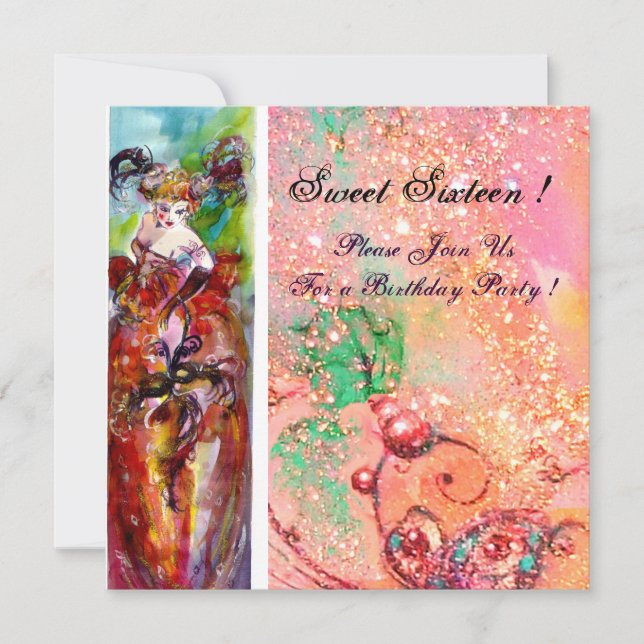 Invitation COLUMBINE, Mardi Gras, Sweet 16 Masquerade Party (Devant)