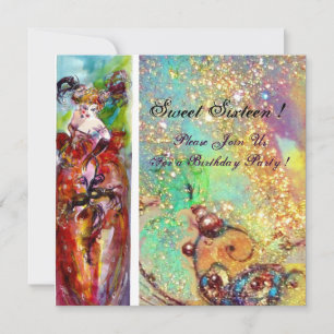 Invitation COLUMBINE, Sweet sixteen Masquerade Party, bleu ro