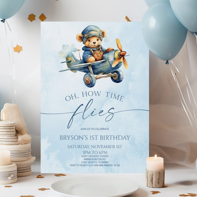 Invitation Comment le temps vole avion Teddy Bear fête d'anni (Créateur téléchargé)