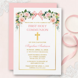 Invitation Communion Cadre Doré Ruban Rose Floral Aquarelle