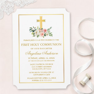 Invitation Communion Cadre Or Floral Blanc Rose Aquarelle