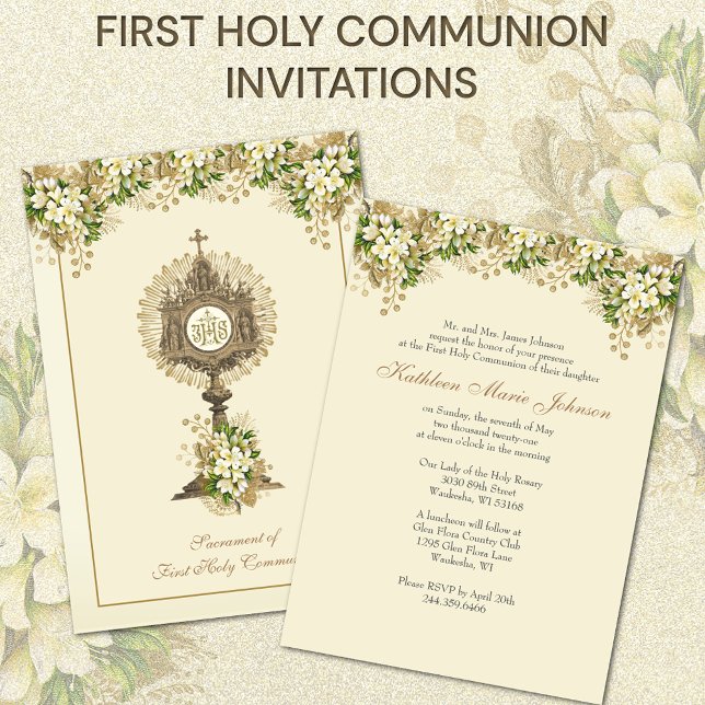 Invitation Communion catholique traditionnelle florale (Easy to personalize)