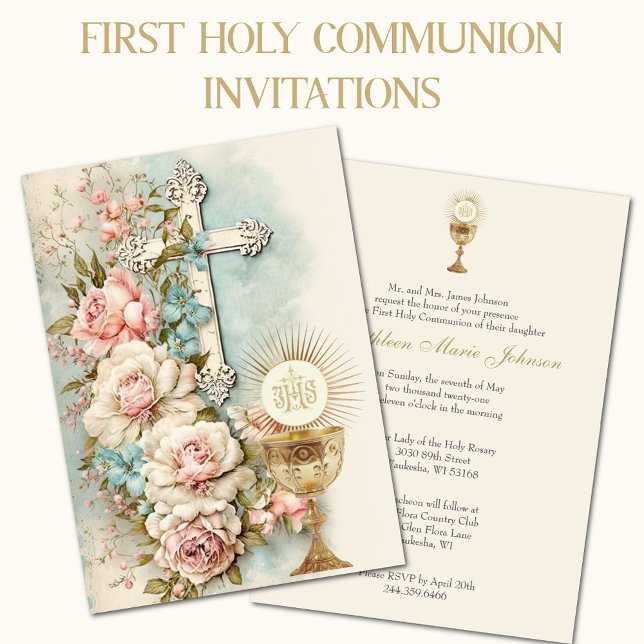 Invitation Communion catholique Vintage Florale (Créateur téléchargé)