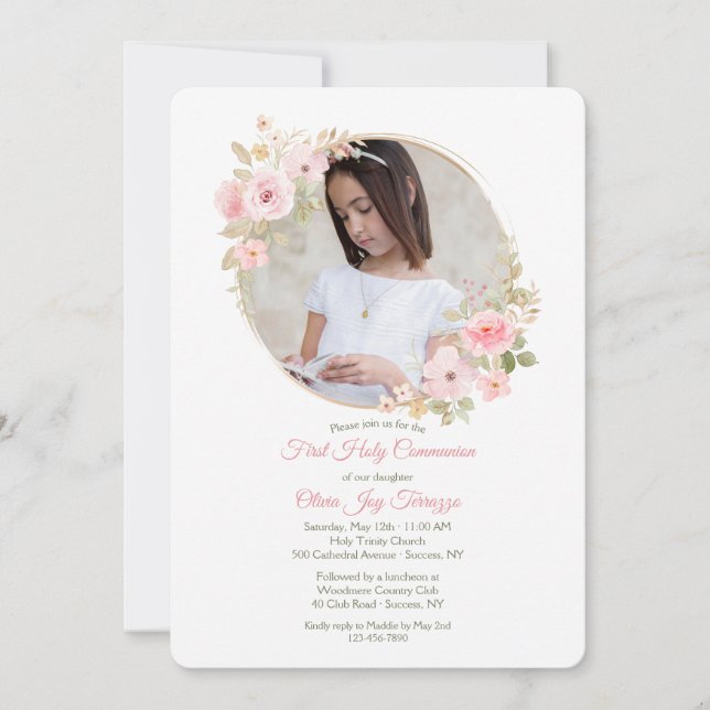 Invitation Communion de photo florale rose pâle (Devant)