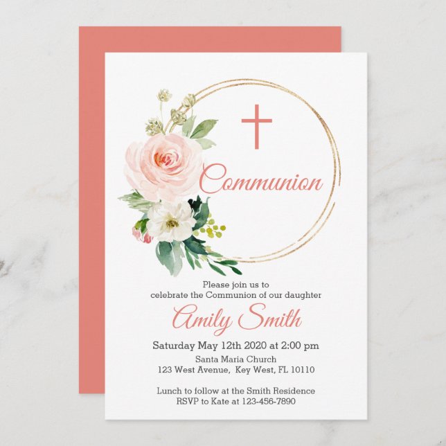 Invitation Communion florale rose (Devant / Derrière)