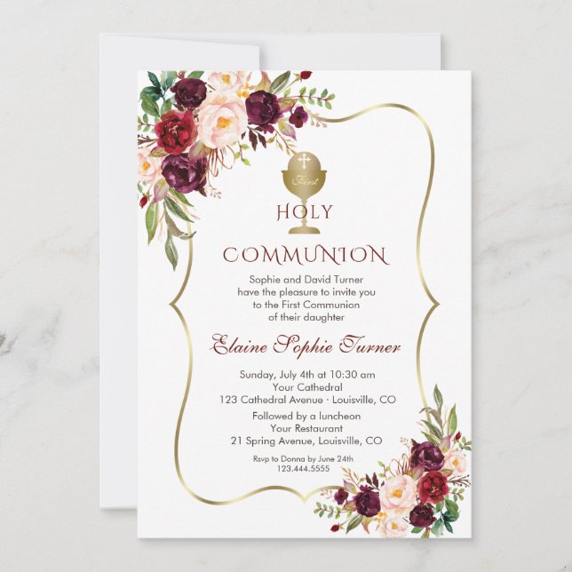 Invitation Communion florale rose de Bourgogne luxueuse (Devant)