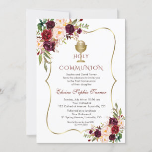 Invitation Communion florale rose de Bourgogne luxueuse