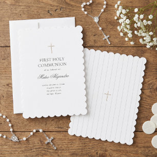 Invitation Communion minimaleiste Croix dorée à bordure festo
