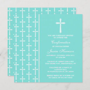 Invitation Communion Ou Confirmation Turquoise Croisée