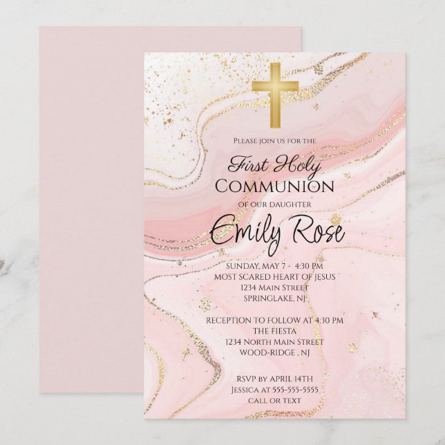 Invitation Communion sainte en marbre rose (Devant / Derrière)