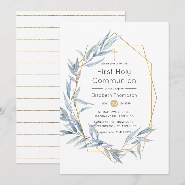 Invitation Communion sainte Eucalyptus Géométrique Bleue et O (Devant / Derrière)
