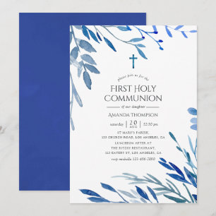 Invitation Communion solennelle feuilles d'indigo marine aqua
