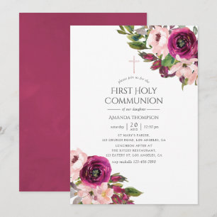 Invitation Communion solennelle Marsala et floral rose