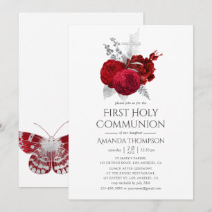 Invitation Communion Vintage Rose rouge et argent