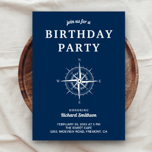 Invitation Compas Marin Bleu Nuit Blanc Élégant pour Annivers