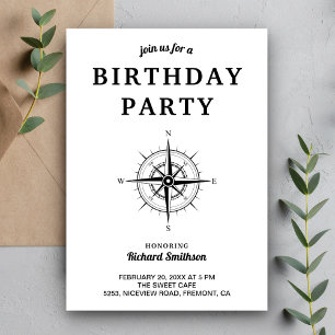Invitation Compas Nautique Élégant Noir et Blanc pour Anniver