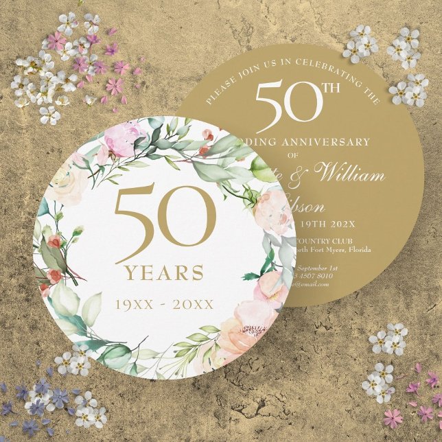 Invitation Composition florale circulaire pour les 50 ans de  (50th Golden Wedding Anniversary Floral Circular Invitation)