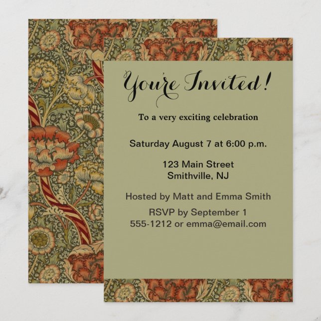 Invitation Conception de damas floral anglais de William Morr (Devant / Derrière)