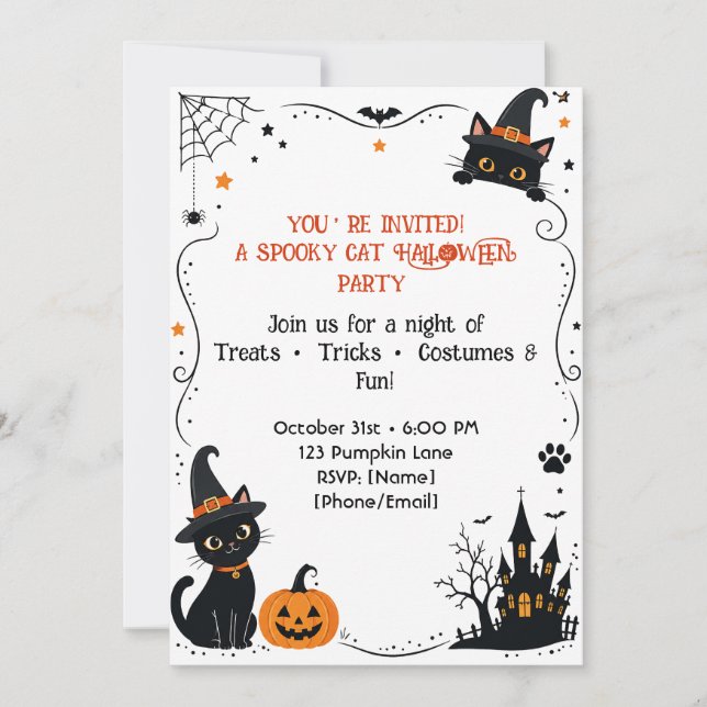 Invitation Conception de dos d'invitation de chat Halloween | (Devant)