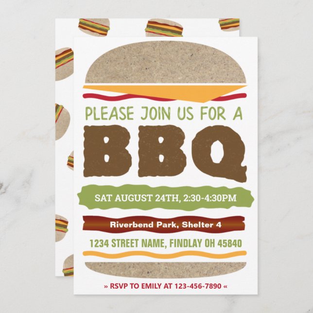 Invitation Conception de hamburger BBQ d'été dans la cour (Devant / Derrière)