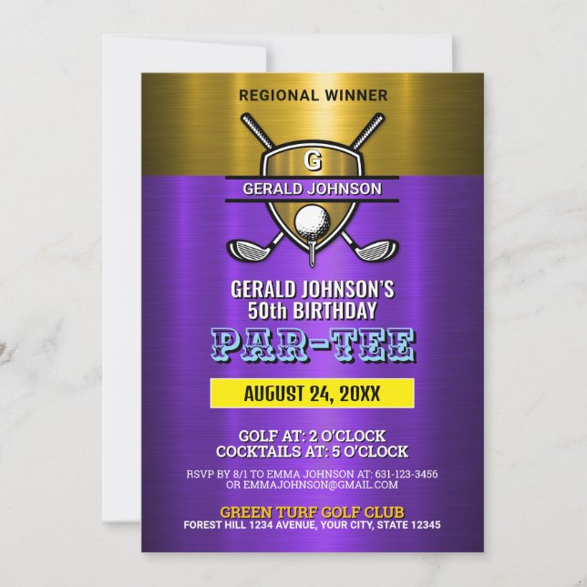 Invitation Conception de monogramme de golf de bouclier d'or  (Devant)