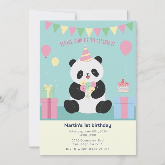 Invitation Conception de Panda douce à la menthe et rose (Devant)