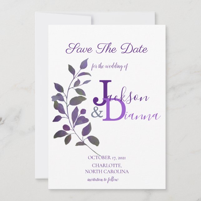 Invitation Conception feuille de Mariage violet Enregistrer l (Devant)