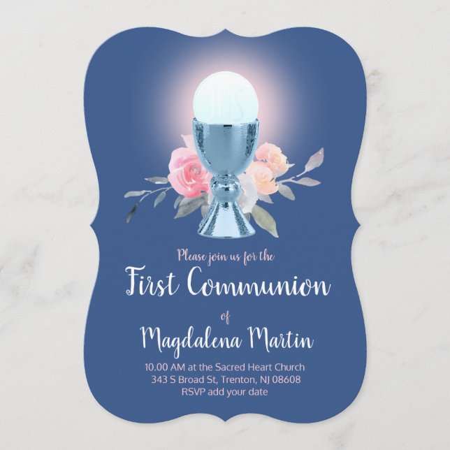 Invitation conception florale chalice bleu Première communion (Devant)
