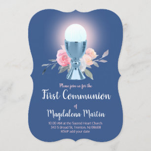 Invitation conception florale chalice bleu Première communion