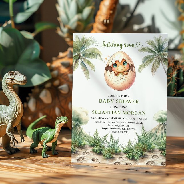 Invitation Conception moderne d'anniversaire de bébé dinosaur (Modern hatching soon dinosaur baby shower design

)