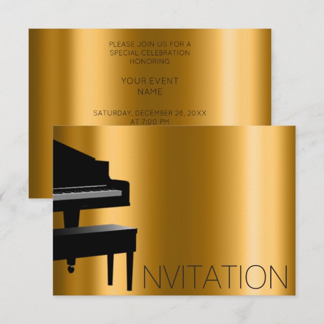 Invitation Concert de piano minimalisme formel Vip Black Gold (Devant / Derrière)