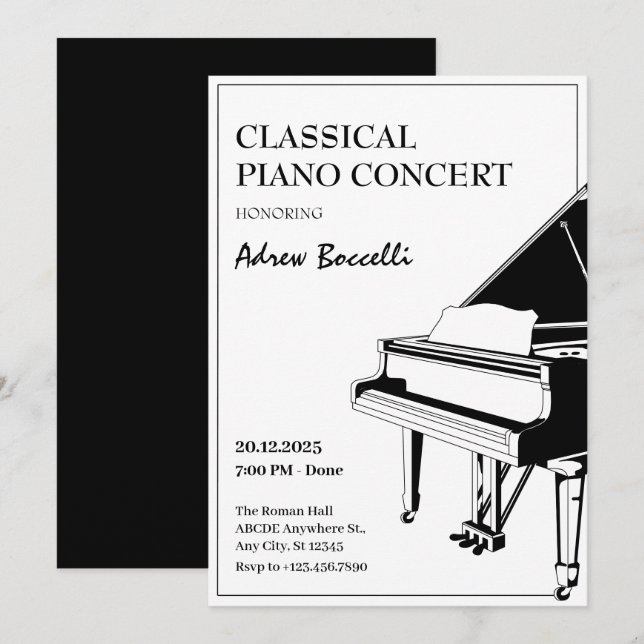 Invitation Concert élégant Piano classique (Devant / Derrière)