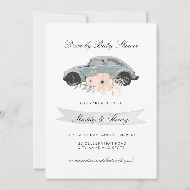 Invitation Conduire par Baby shower aquarelle Beetle Floral (Devant)