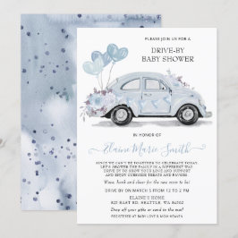 Invitation Conduire par Baby shower aquarelle Floral Blue Car