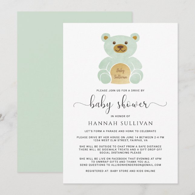 Invitation Conduire par Baby shower Teddy Bear Vert Gold Mini (Devant / Derrière)