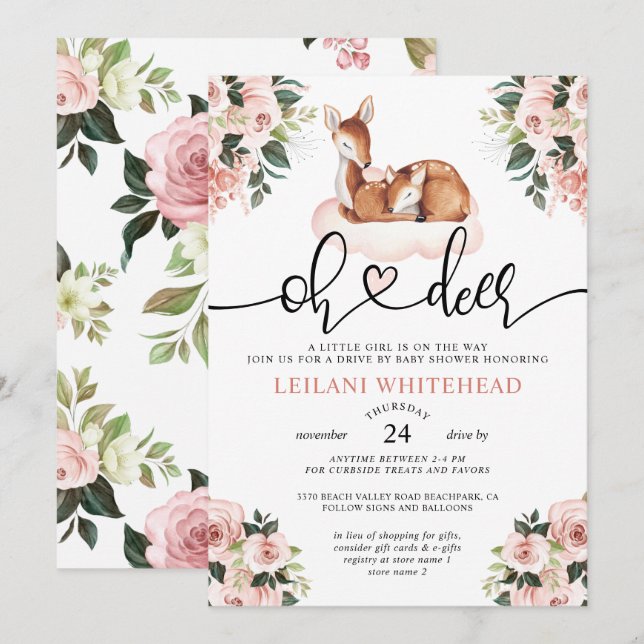 Invitation Conduire par Oh Deer Baby shower aquarelle Floral (Devant / Derrière)