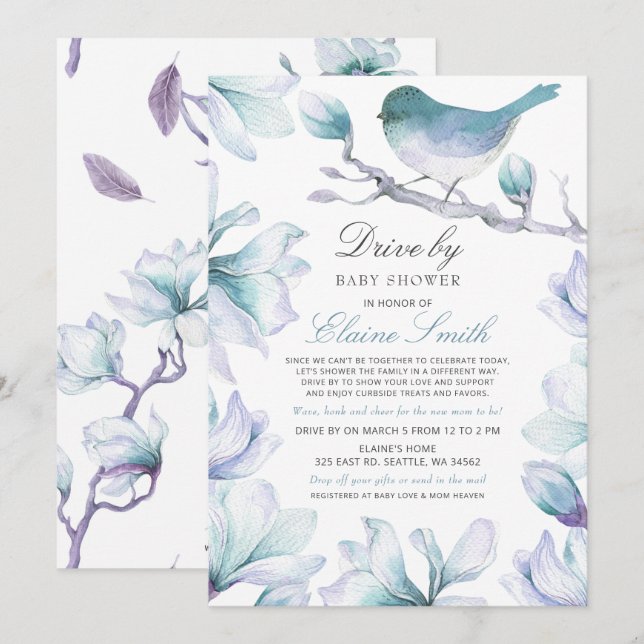 Invitation Conduire par Sweet Bird Blue Floral Boy Baby showe (Devant / Derrière)