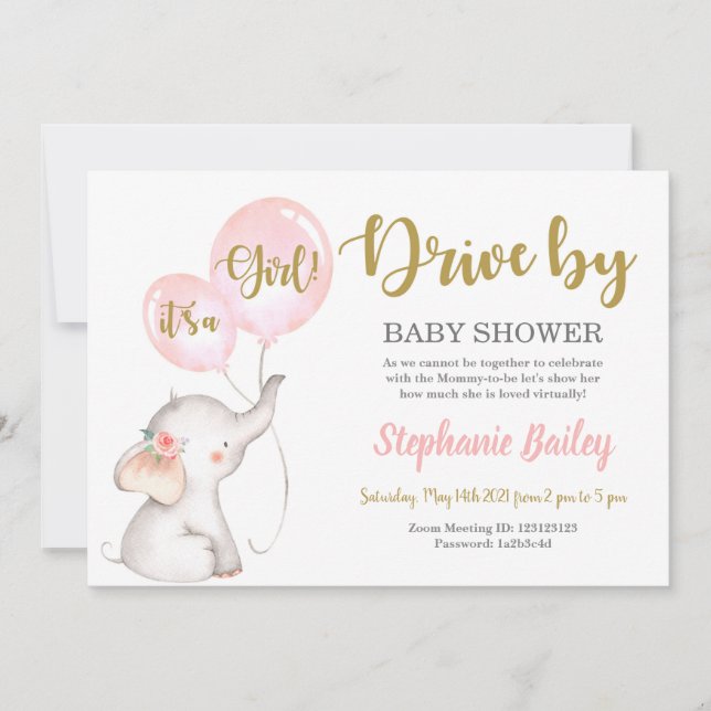 Invitation Conduire par une fille Baby shower d'éléphant (Devant)