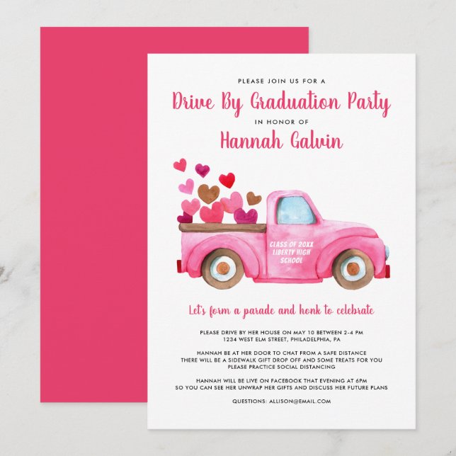 Invitation Conduite De Graduation Par Parade Pink Retro Coeur (Devant / Derrière)