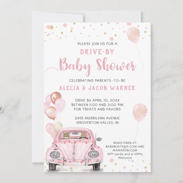 Invitation Conduite En Voiture Rose Balloons Baby shower Conf (Devant)