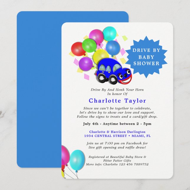 Invitation Conduite Par Baby shower Bleu Voiture Bébé Garçon (Devant / Derrière)