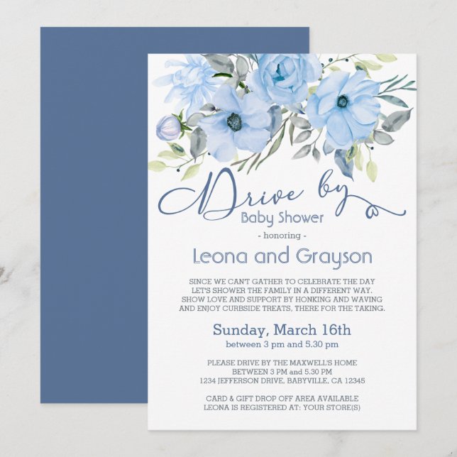 Invitation Conduite Par Baby shower Couleur D'Aquarelle Bleue (Devant / Derrière)