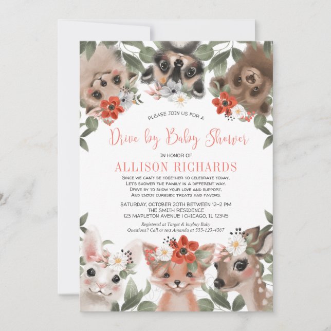 Invitation Conduite par baby shower fille animaux de la forêt (Devant)