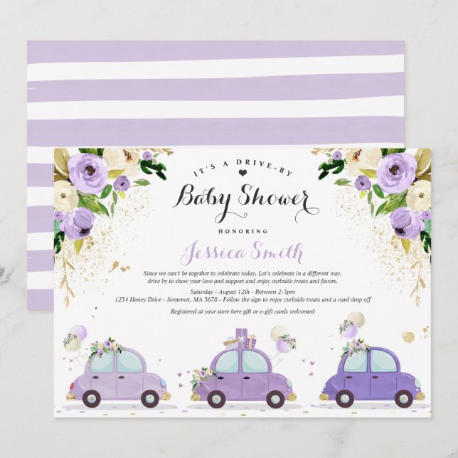 Invitation Conduite Par Baby shower Lilac Baby shower Floral  (Devant / Derrière)