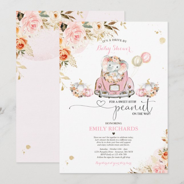 Invitation Conduite Par Baby shower Pink Gold Elephant Citrou (Devant / Derrière)