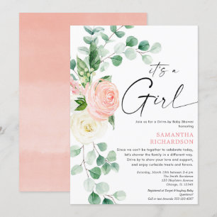 Invitation Conduite par baby shower printemps vert fleuri ros