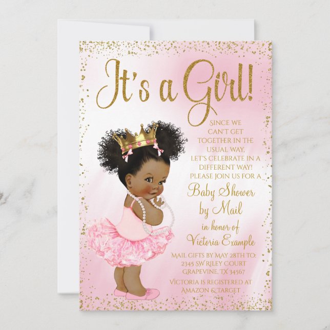 Invitation Conduite Par Baby shower Rose Gold Afro Princess T (Devant)
