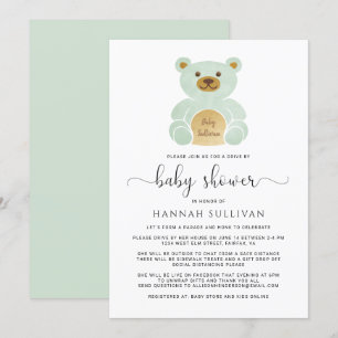 Invitation Conduite par Baby shower Teddy Bear Green Gold Min
