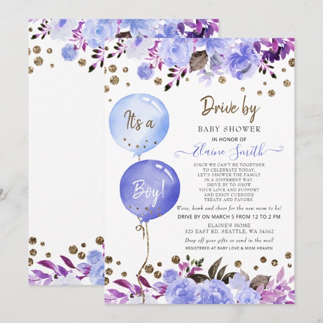 Invitation Conduite par Balloons Blue Floral Boy Baby shower (Devant / Derrière)