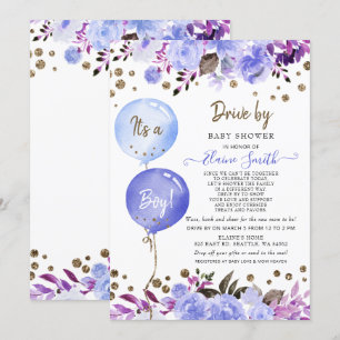 Invitation Conduite par Balloons Blue Floral Boy Baby shower